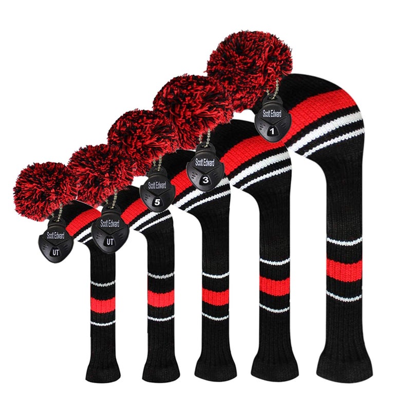 Scott Edward Red Warning Golf Headcover Set of 5, for Driver Woood(460cc), Fairway Wood*2 and Hybrid*2 - Image 1